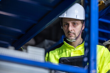 Industrial worker in hard hat and safety vest inspecting machinery inside modern factory, focused...