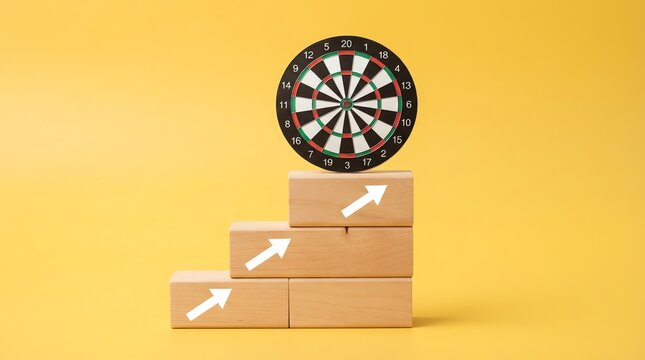 Target dartboard on wooden blocks stairs with arrows representing business success and goals
