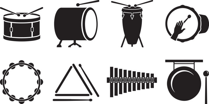 Music percussion instruments set featuring snare drum bass drum congas triangle glockenspiel xylophone and handheld gong cymbals.