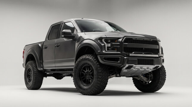 Modern dark gray off road pickup truck in a professional studio