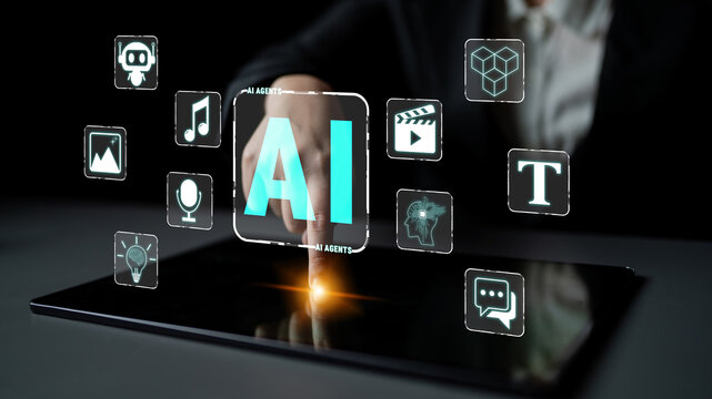 Futuristic Concept of Artificial Intelligence Integration with Technology, Featuring Various Digital Icons and Touch Interaction on a Tablet Screen Quark.