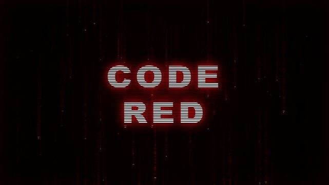Digital display shows the words CODE RED in glowing red letters against a dark textured digital matrix effect suggesting urgency or a critical alert situation within technology or emergency