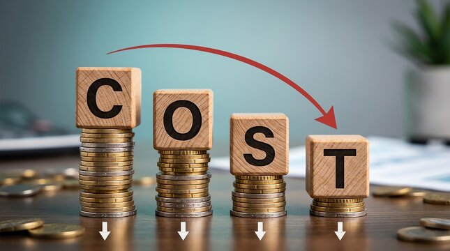 Cost Reduction Concept with Coins and Blocks Spelling Cost