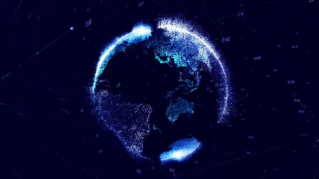 Glowing blue particle earth rotating in digital space for global network communication animation video motion graphics