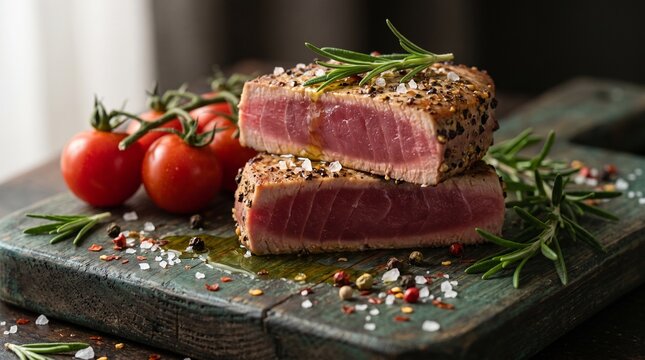 Two seared ahi tuna steak medallions pepper crusted and rare inside, drizzled with olive oil and served with fresh rosemary, cherry tomatoes, and sea salt on a rustic wooden board.
