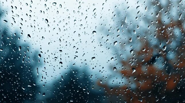 Raindrops on a Windowpane - Moody Atmospheric View of Trees and Buildings Through Wet Glass Evoking Feelings of Calmness and Reflection During a Rainy Day