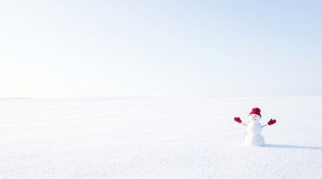 Cheerful snowman wearing a red knit hat and mittens stands in a vast white snowy field. Snowman provides copy space for winter holiday message or seasonal advertising on a minimalist bright landscape.