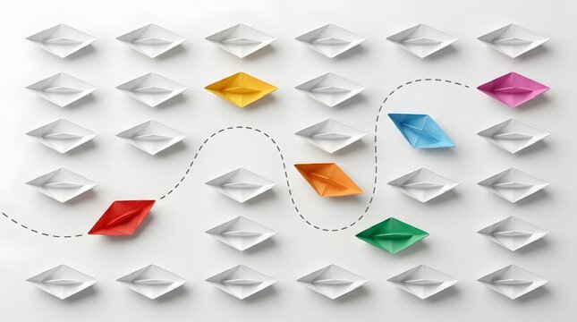 Origami paper boats in a line, one red boat deviates