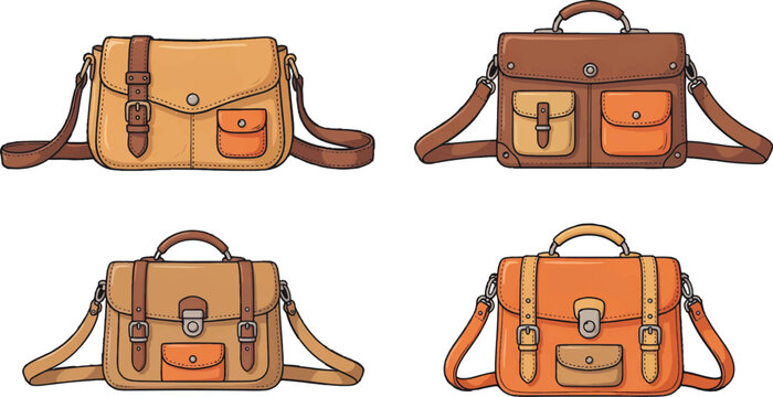 Collection of leather briefcase bags with straps and pockets for professional work and stylish business travel in various colors.