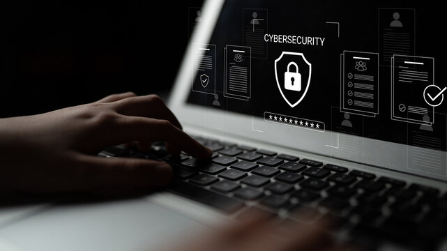 A focused hand types on a laptop keyboard, surrounded by graphics representing cybersecurity elements emphasizing digital protection and data safety in today online world. Cyphers