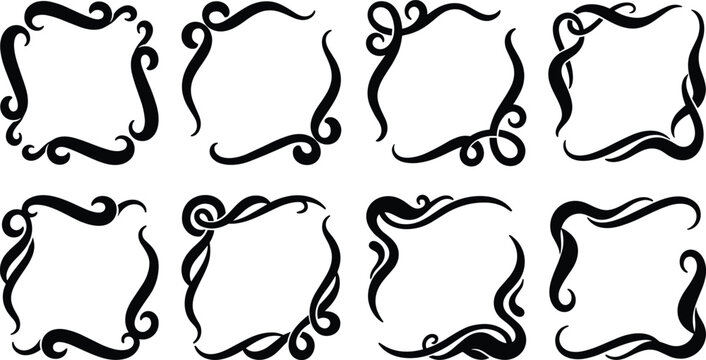 Vector silhouettes of ornate decorative frames with swirling curls, loops, and artistic square border designs