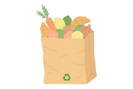 Eine braune Papiert&uuml;te gef&uuml;llt mit frischem Gem&uuml;se, Obst und einem Croissant, isoliert auf wei&szlig;em Hintergrund, im flachen Vektor-Illustrationsstil mit einem gr&uuml;nen Recycling-Symbol auf der