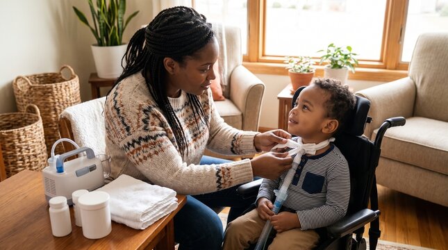 Pediatric respiratory care: Black parent adjusts a child's tracheostomy tube during home care