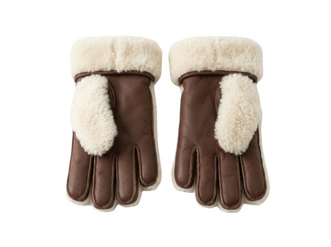 Ein Paar elegante braune Lederhandschuhe mit weichem, flauschigem cremefarbenem Lammfellfutter, isoliert auf wei&szlig;em Hintergrund, ideal f&uuml;r Wintermode, Luxus-Accessoires und kalte Wetterbedingungen.