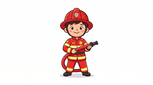 A cute cartoon firefighter in a red uniform and helmet, holding a fire hose and smiling.