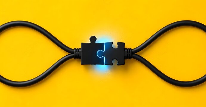 Infinity loop connection concept with two black puzzle piece plugs joined together on a bright yellow background with glowing blue light.
