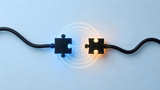 Wireless connection and energy transfer concept with two puzzle piece plugs emitting glowing radar waves on a light blue background.