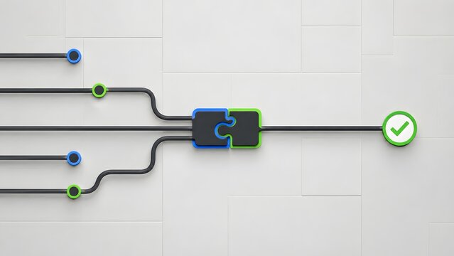 Process workflow and successful integration concept with connected lines, puzzle pieces, and a green checkmark on a white geometric background.