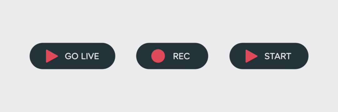 Three rounded rectangular buttons with red icons and text labels for go live, rec, and start on a light background.