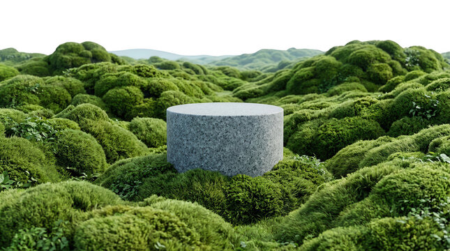 Ein zylindrischer Podest aus grauem Stein steht inmitten einer &uuml;ppigen, h&uuml;geligen Landschaft aus leuchtend gr&uuml;nem Moos, ideal als minimalistische Produktpr&auml;sentationsfl&auml;che f&uuml;r nat&uuml;rliche Kosmetik.