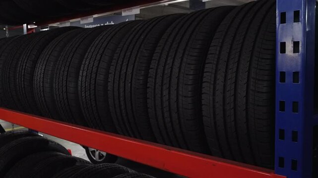 New car tires for sale in a warehouse store