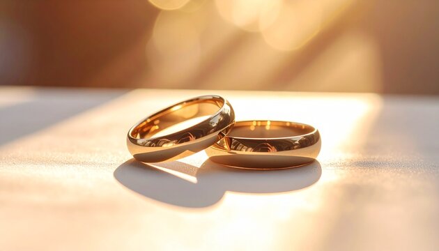 Gold Wedding Rings Resting Together in Warm Romantic Sunlight
