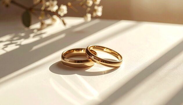 Gold Wedding Rings Resting Together in Warm Romantic Sunlight