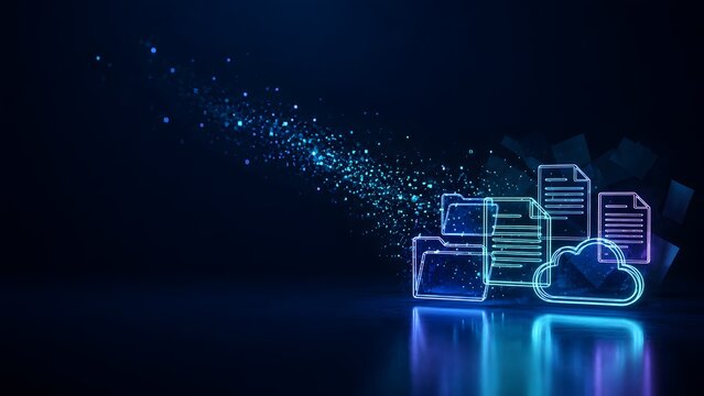Dynamic cloud storage transfer concept featuring glowing neon document folders and magical data particle stream for high speed digital archiving