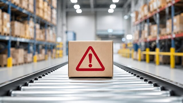 Cardboard box with red warning alert sign on roller conveyor belt in modern warehouse logistics facility highlighting shipping hazard or fragile cargo