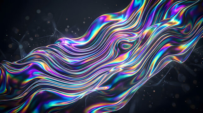 Abstract futuristic metallic wave structure with holographic rainbow colors on dark background sci fi 3D render abstract metallic holographic futuristic