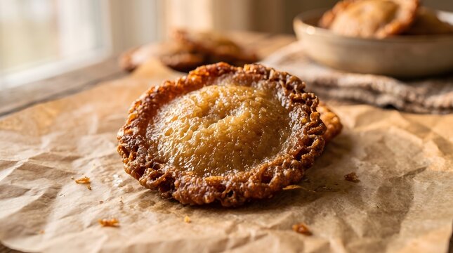 Golden Fried Sweet Pastry on Rustic Paper with Soft Window Light and Shallow Depth of Field