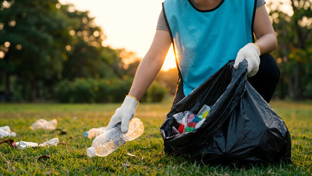 Volunteers collecting plastic bottles and trash from a park lawn during sunset, promoting environmental cleanup and sustainability efforts