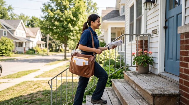 Postal Worker Delivering Mail to a Residential Porch