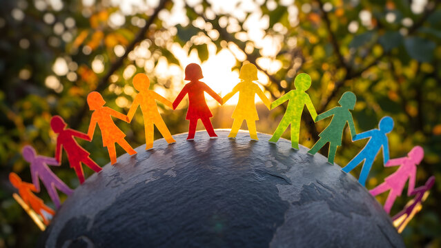 Colorful paper people holding hands in a circle around a globe, representing global unity, diversity, and community teamwork