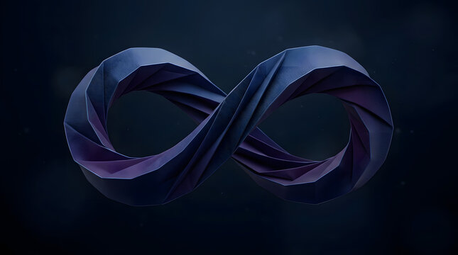 Dark geometric infinity symbol sculpture with textured twisted folds against dark moody background 3D render sculpture geometric textured background