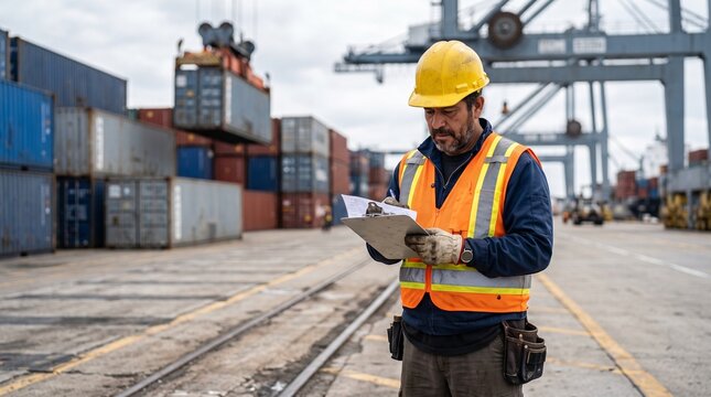 Longshoreman Standing Among Stacked Shipping Containers