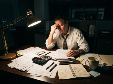 Overwhelmed office worker with financial papers