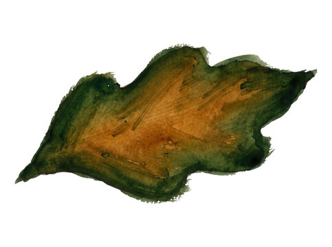 Uma &uacute;nica folha de outono pintada &agrave; m&atilde;o com t&eacute;cnica de aquarela, apresentando tons terrosos de verde e marrom em um estilo art&iacute;stico suave e org&acirc;nico, isolada sobre um fundo branco puro.