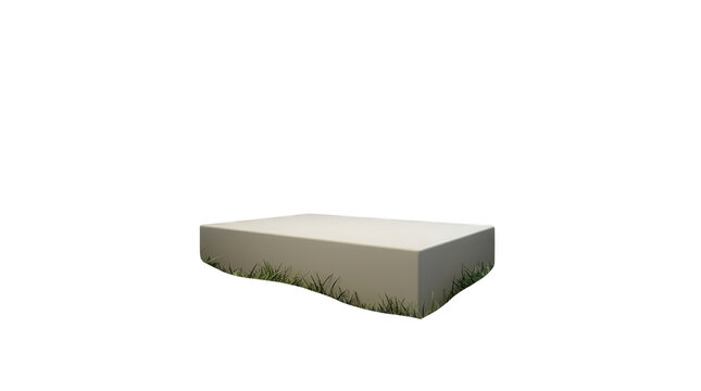 Uma plataforma retangular de pedra cinza com base coberta por grama verde, isolada em um fundo branco puro, ideal para exibi&ccedil;&atilde;o de produtos, design minimalista e apresenta&ccedil;&otilde;es comerciais criativas.
