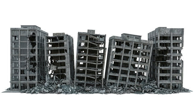 Grupo de edif&iacute;cios de concreto em ru&iacute;nas e destru&iacute;dos, isolados em fundo branco, representando cen&aacute;rios de guerra, desastres naturais, colapso urbano ou p&oacute;s-apocal&iacute;ptico com escombros detalhados.