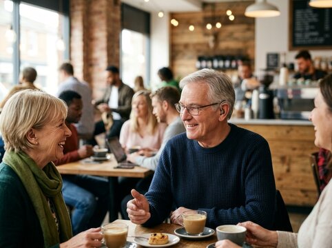 Older Man Wearing Hearing Aid Conversing at a Cafe Table