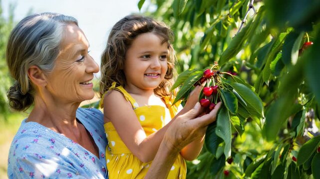 Grandmother helping a young girl pick ripe red fruit from a garden tree, autumn harvest activity, family tradition across generations
