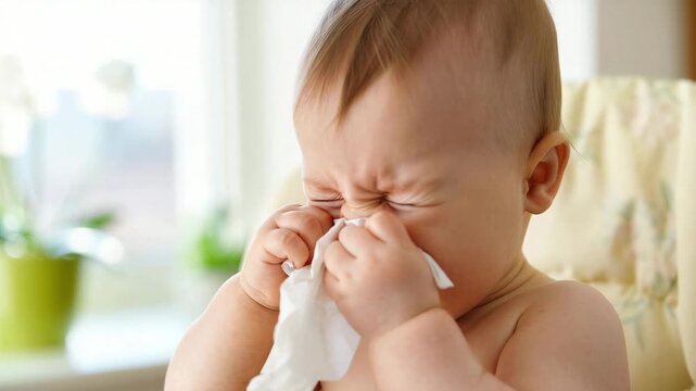 Young child using a tissue for nasal congestion, common cold influenza allergic rhinitis or rsv symptoms, childhood respiratory health