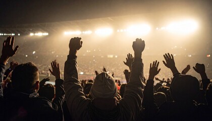 Fototapeta premium Excited Sports Fans Cheering with Raised Hands in Crowded Stadium