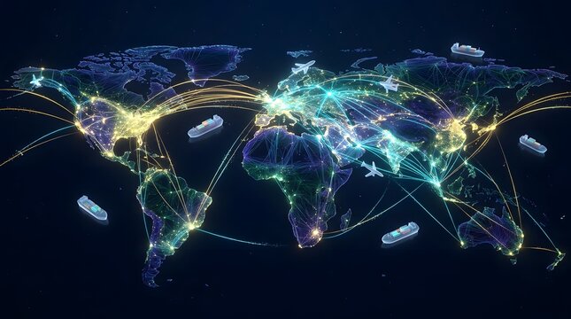 Digital world map showing global logistics and transport network