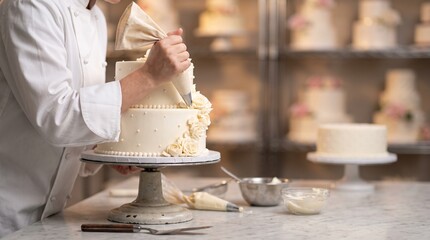 Obraz premium Baker in white coat uniform, with piping bag creating cream white roses, icing tiered wedding cake close up, at bakery workshop table, baking photography