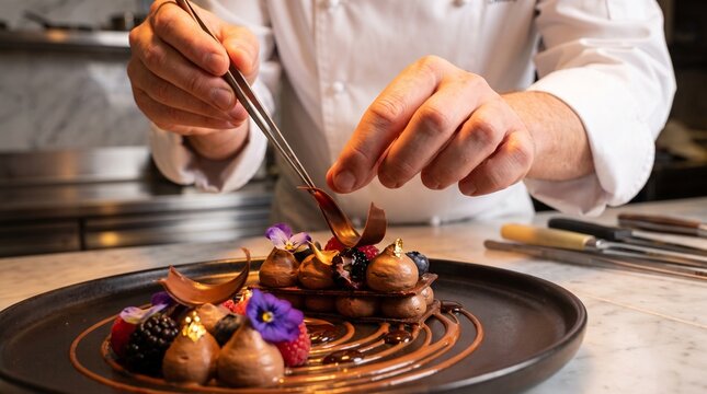 Pastry chef hands with precision tweezers, placing chocolate garnish and edible gold leaf, decorating gourmet berry dessert close up, on marble counter in fine dining kitchen, food photography