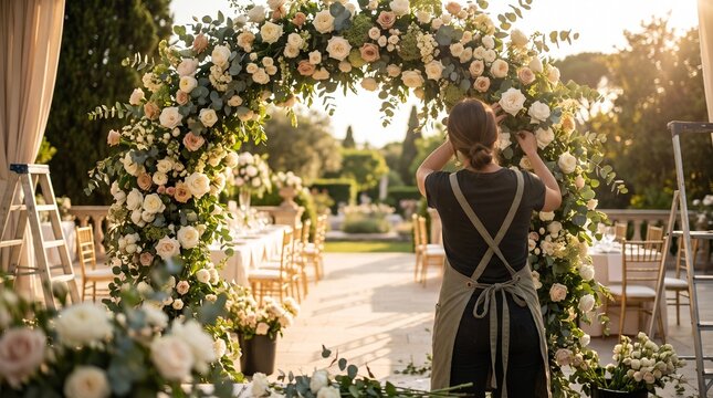 Female florist in green apron back view, with large circular white rose floral arch, arranging flower decorations on frame, at outdoor luxury wedding venue garden, event photography
