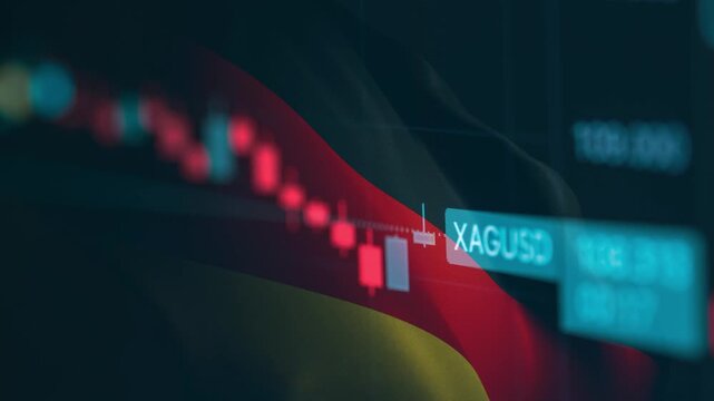 A dynamic timelapse video featuring fast moving stock market candlestick bars blended with a waving German flag, representing German economy, European financial markets, and Dax trading dynamics.