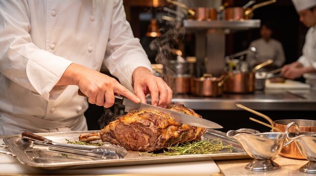 Chef in white jacket uniform, with sharp knife slicing roasted prime rib meat, carving hot juicy beef roast close up, inside commercial restaurant kitchen, culinary photography